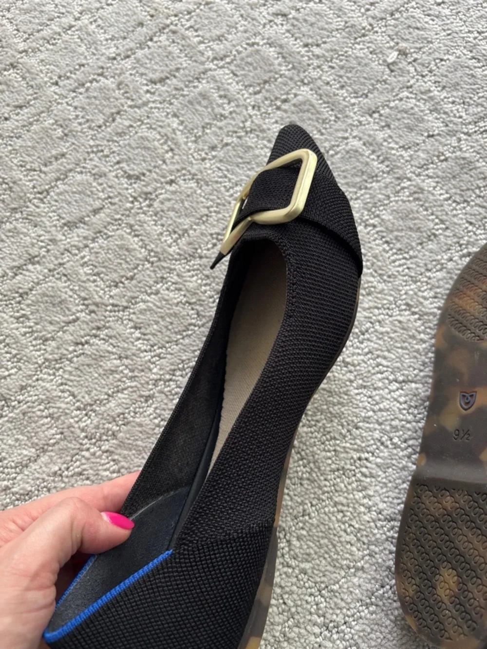 Rothy’s The Emblem Point II Black Flat with Gold Buckle - Picture 10 of 11